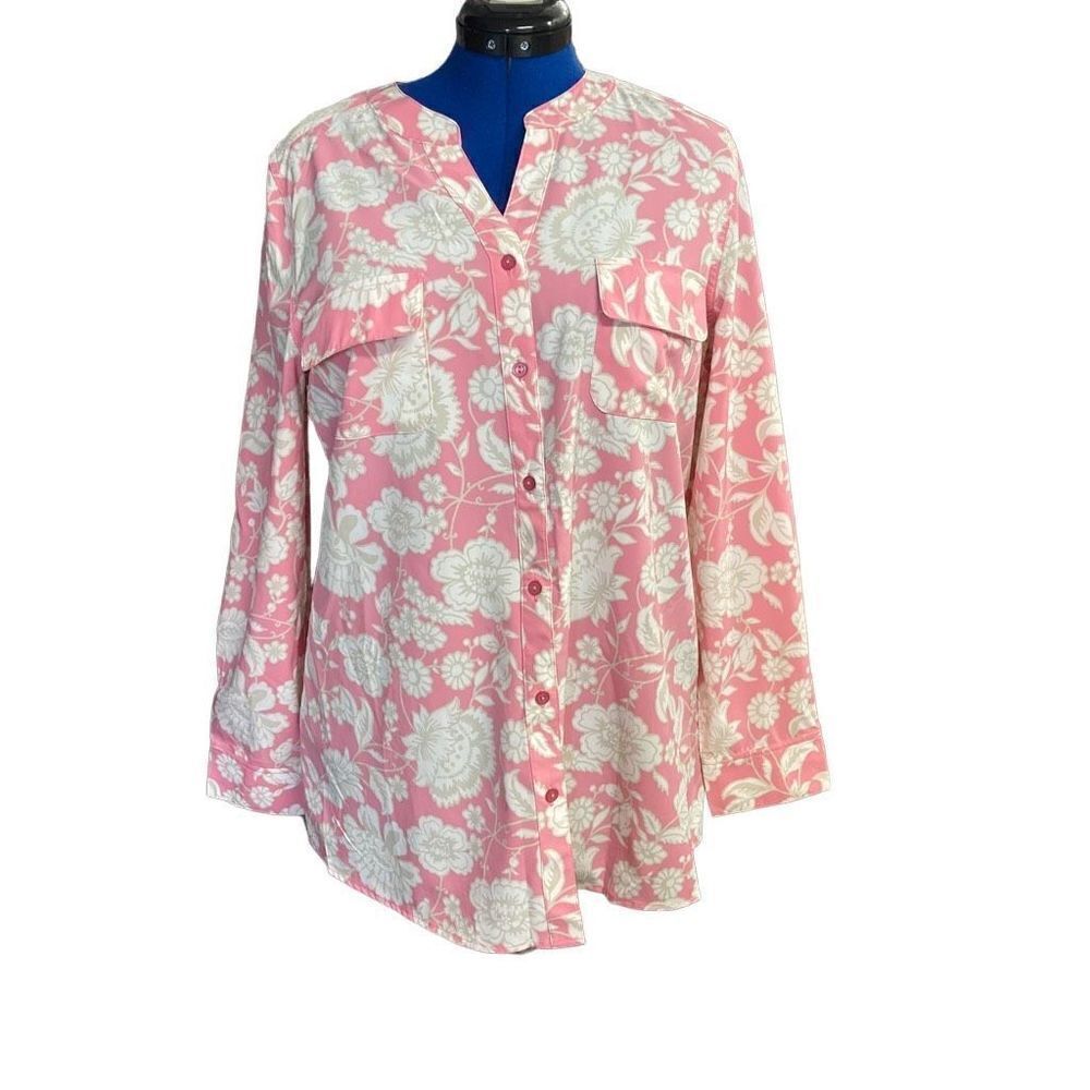 DENIM & CO. Women’s Top Blouse‎ Tunic Size Medium Pink & White